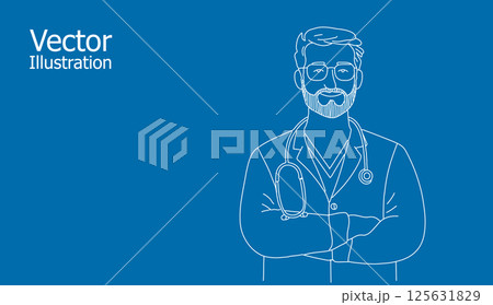 Doctor outline illustration portrait. Stethoscope, tie, glasses, plants decoration details. Healthcare blog medical article clinic website. Linear style front view turquoise background Doctor outline illustration portrait. Stethoscope, tie, glasses, plants decoration details. Healthcare blog medical article clinic website. Linear style front view turquoise background 125631829