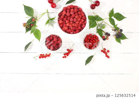 Summer fresh cherries, currants and raspberries on a light wooden background with leaves, banner and shop advertisement, village harvest, healthy natural food concept, breakfast with ingredients, cafe Summer fresh cherries, currants and raspberries on a light wooden background with leaves, banner and shop advertisement, village harvest, healthy natural food concept, breakfast with ingredients, cafe 125632514