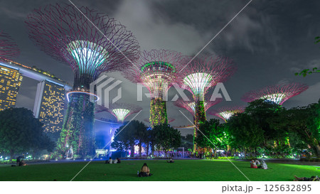 Futuristic view of amazing illumination at Garden by the Bay night timelapse hyperlapse in Singapore. Futuristic view of amazing illumination at Garden by the Bay night timelapse hyperlapse in Singapore. 125632895