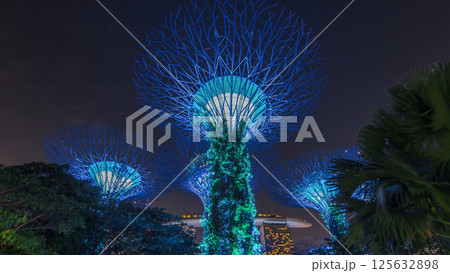 Futuristic view of amazing illumination at Garden by the Bay night timelapse hyperlapse in Singapore. 125632898