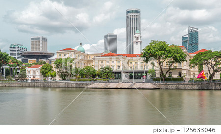 View of Singapore River with Asian Civilisation Museum and old civic district in background timelapse hyperlapse 125633046