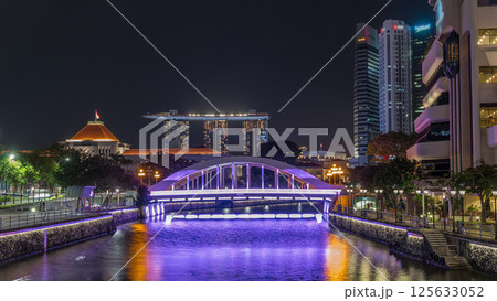 Skyline of Singapore financial district behind Elgin Bridge and the Singapore River night timelapse hyperlapse Skyline of Singapore financial district behind Elgin Bridge and the Singapore River night timelapse hyperlapse 125633052