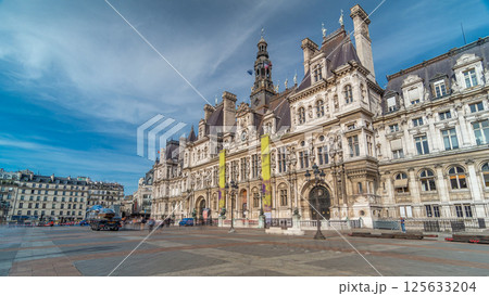 Hotel de Ville or Paris city hall timelapse hyperlapse in sunny day. 125633204