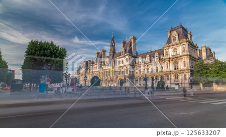 Hotel de Ville or Paris city hall timelapse hyperlapse in sunny day. 125633207