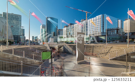 Panorama of La Defence timelapse hyperlapse, business and financial district with highrise skyscrapers buildings 125633211
