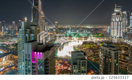 Dubai downtown cityscape with Burj Khalifa, LightUp light show aerial timelapse 125633317