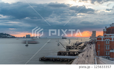 Elevated view of the Padrao dos Descobrimentos Monument to the Discoveries timelapse famous monument on the banks of the River Tagus in Lisbon 125633357