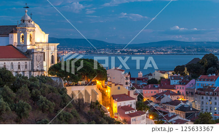 Lisbon after sunset aerial view of city centre with red roofs at Autumn day to night timelapse, Portugal 125633367
