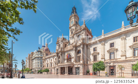 Valencia City Hall or Ajuntament de Valencia timelapse hyperlapse in Plaza de Ayuntamiento. Spain 125633524