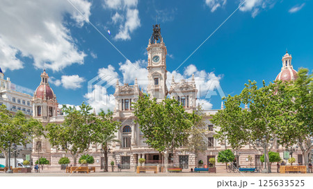 Valencia City Hall or Ajuntament de Valencia timelapse hyperlapse in Plaza de Ayuntamiento. Spain 125633525