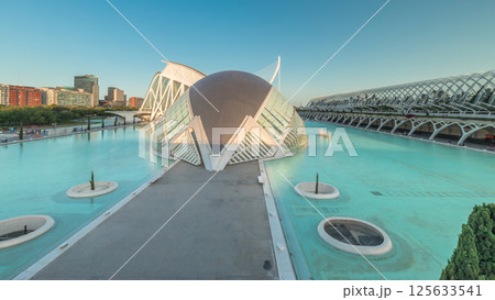 Stunning aerial timelapse hyperlapse of Valencia's City of Arts and Sciences, Spain. 125633541
