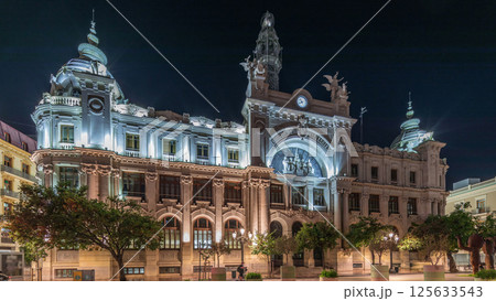 Historic Post Office in Valencia night timelapse hyperlapse at City Hall Square. Spain 125633543