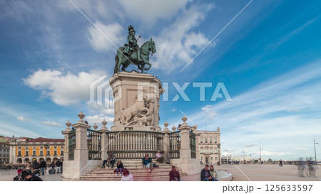 Praca do Comercio or Commerce Plaza. Statue of King Jose I timelapse hyperlapse. 125633597