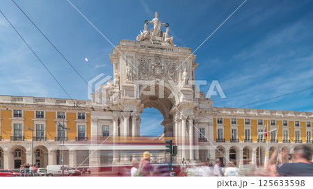 Rua Augusta Arch timelapse hyperlapse on Praca do Comercio. Lisbon, Portugal, Europe. 125633598