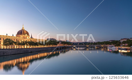 The Grand Hotel-Dieu Day to night transition timelapse hyperlapse in Lyon, France. 125633646