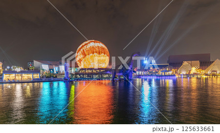 Panorama showing Riyadh Boulevard World entertainment park with largest artificial lake timelapse. Riyadh. Saudi Arabia Panorama showing Riyadh Boulevard World entertainment park with largest artificial lake timelapse. Riyadh. Saudi Arabia 125633661
