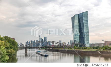 Hyperlapse of Frankfurt skyline featuring the modern ECB headquarters skyscraper. Frankfurt am Main, Germany 125633763