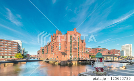 Famous old Speicherstadt in Hamburg timelapse hyperlapse featuring the International Maritime Museum, Germany 125633789