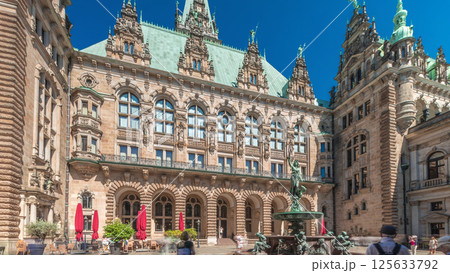 Hyperlapse of Hamburg City Hall with Hygieia Fountain in the courtyard near market square and Binnenalster, Germany Hyperlapse of Hamburg City Hall with Hygieia Fountain in the courtyard near market square and Binnenalster, Germany 125633792