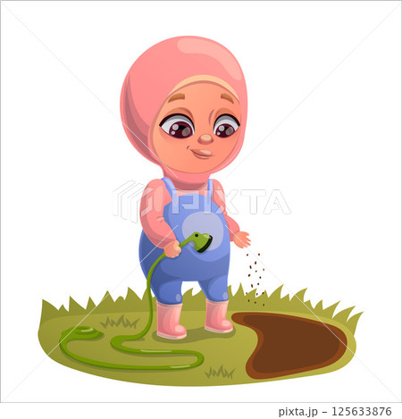 Illustration of a child doing gardening and animal husbandry Illustration of a child doing gardening and animal husbandry 125633876