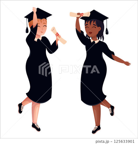 Happy graduates in colleges and universities, students in academic gowns. Celebrating graduation day. 125633901