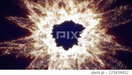 Radiant white and gold burst of light particles spreading outward, creating a warm and luminous energy aesthetic against a dark backdrop 125634022