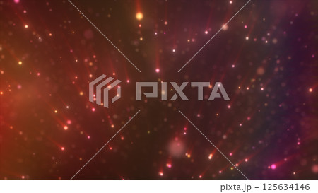 Abstract composition of sparkling red and orange light particles with dreamy bokeh effect, creating a warm cosmic atmosphere 125634146
