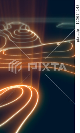 Glowing abstract fluid lines in a dark space, forming flowing energy paths in golden and white hues 125634148