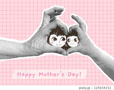 Cute Mother's Day Vector Collage with Mom and Child Faces in A Heart Shape, Halftone Cute Modern Illustration Background 125634152