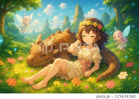 妖精と眠るドラゴンと少女のファンタジーな森の中の癒しのひとときイラスト 125634160