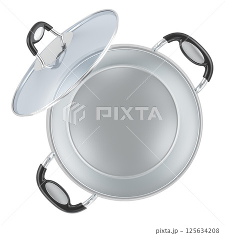 Empty steel stock pot with glass lid, top view. 3D rendering 125634208