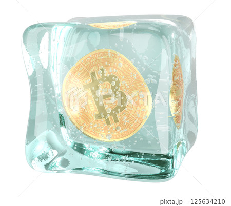 Frozen bitcoin, concept. Bitcoin symbol in ice cube, 3D rendering 125634210