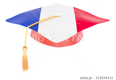 Graduation cap with French flag. Education in France or learn French language, concept. 3D rendering 125634212