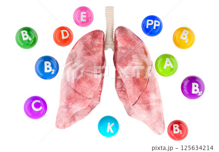 Human lungs with different vitamins. 3D rendering 125634214