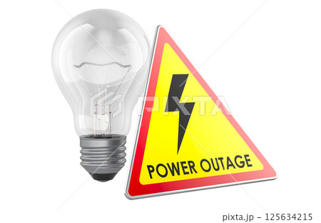 Lightbulb with power outage yellow triangle sign, 3D rendering 125634215