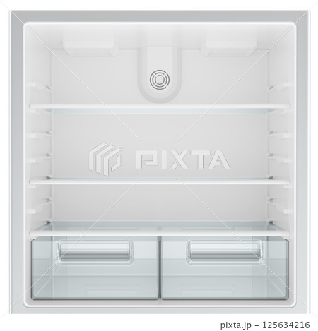 Opened Refrigerator with empty refrigerator shelves, 3D rendering 125634216