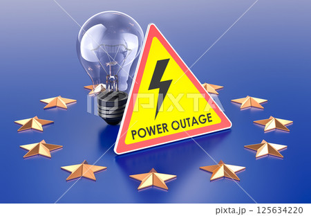 Power Outage in the EU, concept. Lightbulb with power outage yellow triangle sign on the European Union flag. 3D rendering 125634220