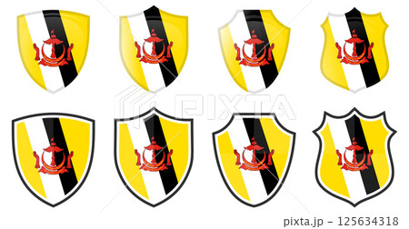 Vertical Brunei flag in shield shape, four 3d and simple versions. 125634318