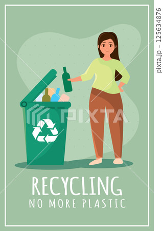 Girl recycling glass bottle. Vector 125634876