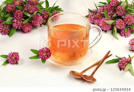 Medicinal herbal tea or infusion of red clover in a glass cup with flowers, alternative traditional medicine concept, estrogen source, menopause remedy, advertising for green pharmacy, 125634934