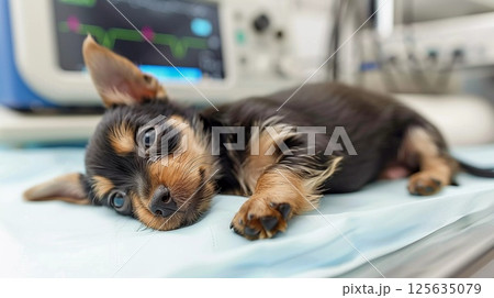 治療中の子犬と動物病院の様子 治療中の子犬と動物病院の様子 125635079