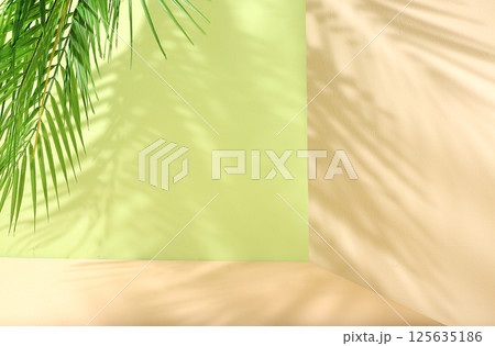 Abstract background with natural wooden podiums and long shadows on a pink wall, an empty showcase for cosmetic products demonstration or presentation, minimal ecology concept, selective focus Abstract background with natural wooden podiums and long shadows on a pink wall, an empty showcase for cosmetic products demonstration or presentation, minimal ecology concept, selective focus 125635186