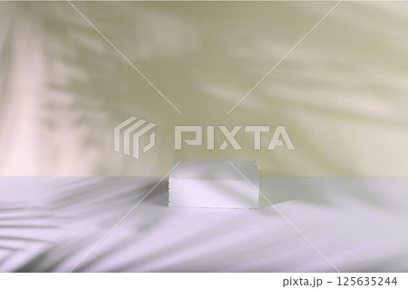 Minimal abstract background for cosmetic products presentation.Empty premium podium with shadows of tropical palm leaves on beige wall,template for design,pedistal display podium,selective focus 125635244