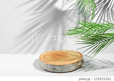 Minimal abstract background for cosmetic products presentation.Empty premium podium with shadows of tropical palm leaves on beige wall,template for design,pedistal display podium,selective focus Minimal abstract background for cosmetic products presentation.Empty premium podium with shadows of tropical palm leaves on beige wall,template for design,pedistal display podium,selective focus 125635262