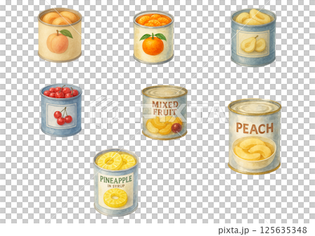水彩風フルーツ缶詰セットのイラスト｜桃・みかん・さくらんぼ・洋なしなど 125635348