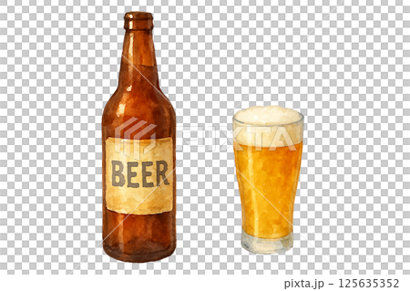 水彩風・ビール瓶とビアグラスのイラスト|夏の乾杯シーンや飲み物素材に 水彩風・ビール瓶とビアグラスのイラスト|夏の乾杯シーンや飲み物素材に 125635352