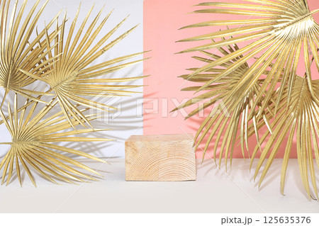 Modern abstract background with natural wood podiums and golden palm leaves, empty showcase for advertising or presentation of cosmetic products, stage with geometric shapes, selective focus 125635376