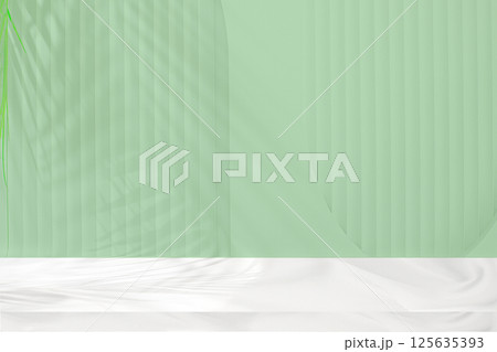 Empty premium podium with shadows of tropical palm leaves on green wall, minimal abstract background for cosmetic product presentation. template for design, podium on pedestal, selective focus.. Empty premium podium with shadows of tropical palm leaves on green wall, minimal abstract background for cosmetic product presentation. template for design, podium on pedestal, selective focus.. 125635393