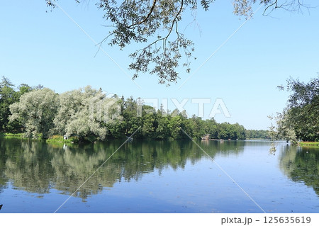 Beautiful landscape with river or lake in summer on a bright sunny day, natural natural background, the concept of travel to the countryside, selective focus 125635619
