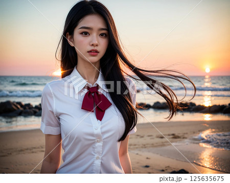 夕焼けの海岸に立つ女子高生 125635675